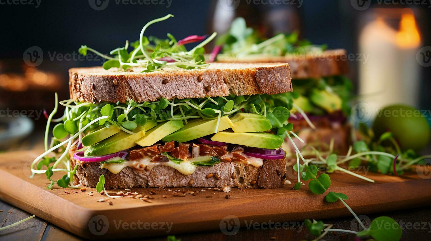 AI generated Vegan sandwich with whole grain bread, avocado, sprouts, cucumber on a rustic wooden board, Mid-angle Shot photo