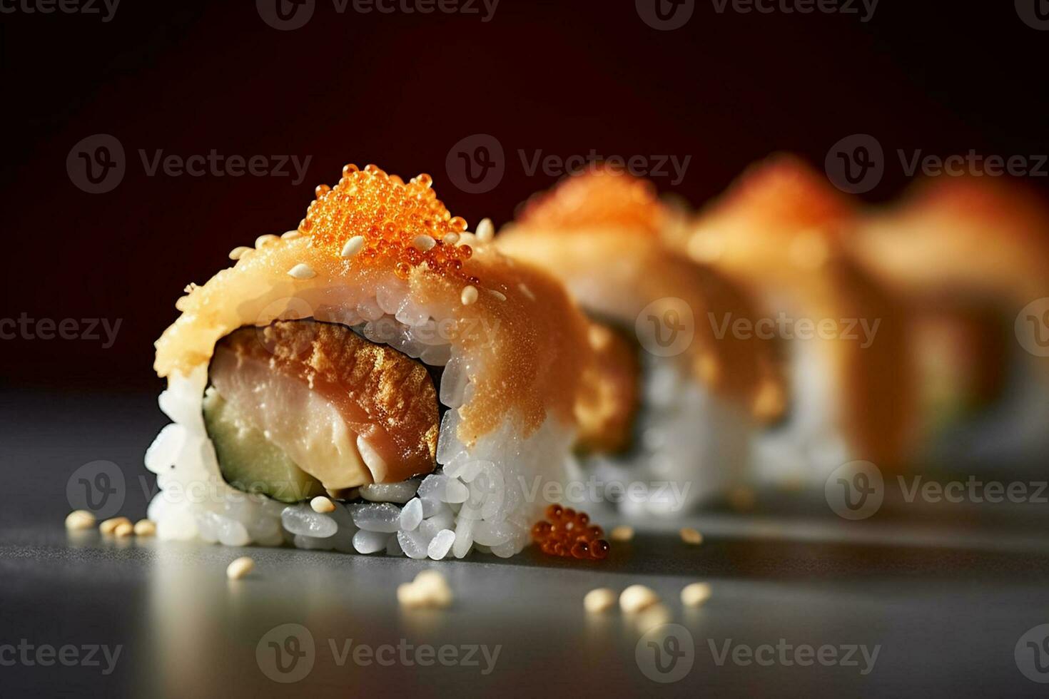 AI generated Salmon Sushi Roll, Close-up Shot photo