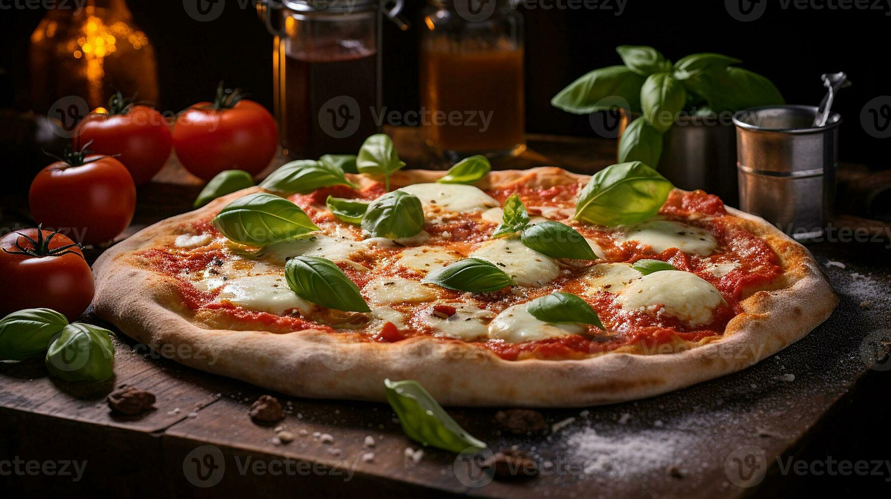 AI generated Freshly baked Margherita pizza with tomato, meat, mozzarella on wooden table, Mid-angle Shot photo