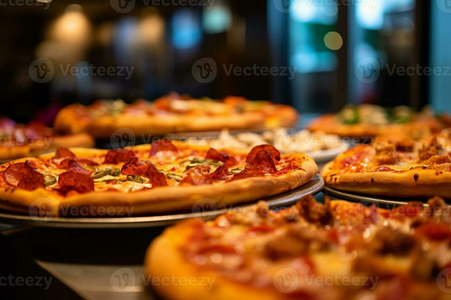 AI generated Assorted Pizza Varieties on Display, Mid-angle Shot photo