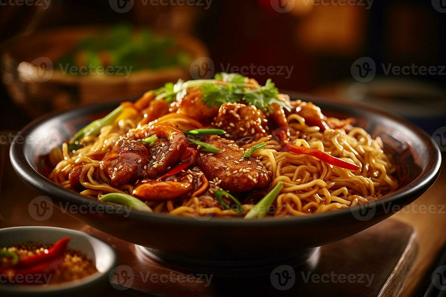 ai generado crujiente y sabroso frito fideos plato en un bol, de cerca Disparo foto