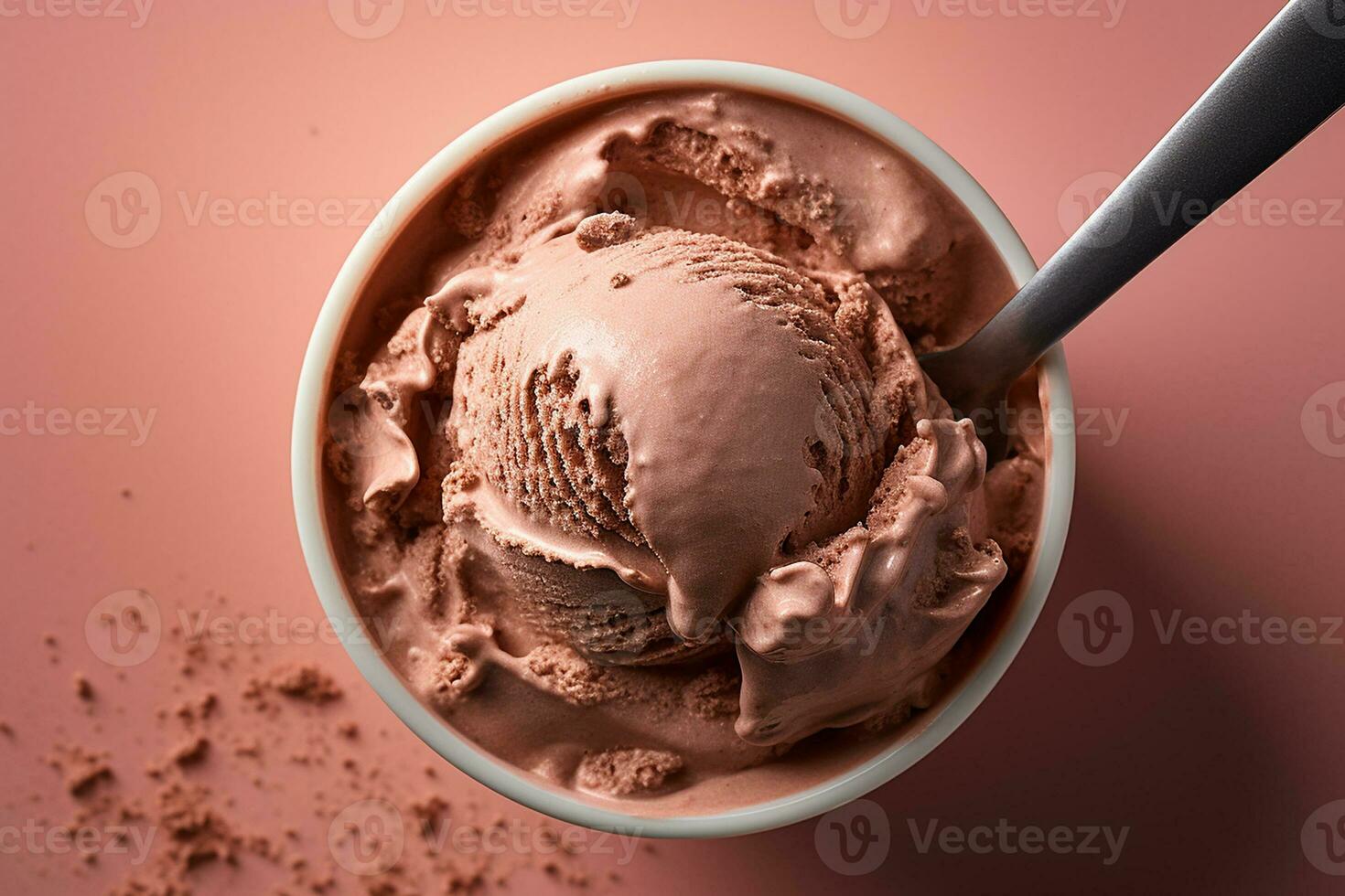 AI generated A chocolate ice cream with a scoop with creamy texture on pastel background, Overhead shot photo