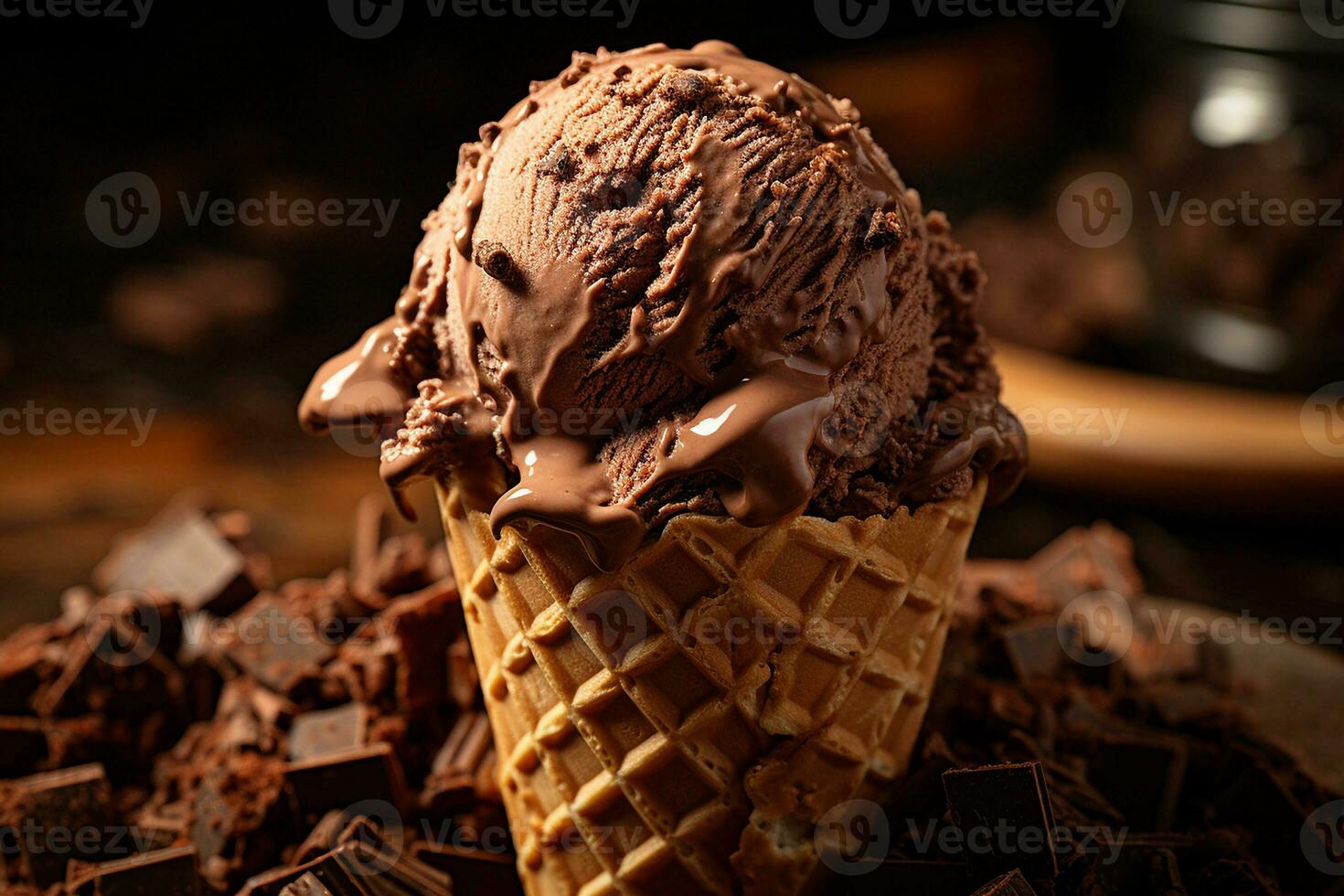 AI generated A waffle cone filled with chocolate ice cream on a wooden background, dusted with cocoa powder and surrounded by dark chocolate, Mid-angle Shot photo