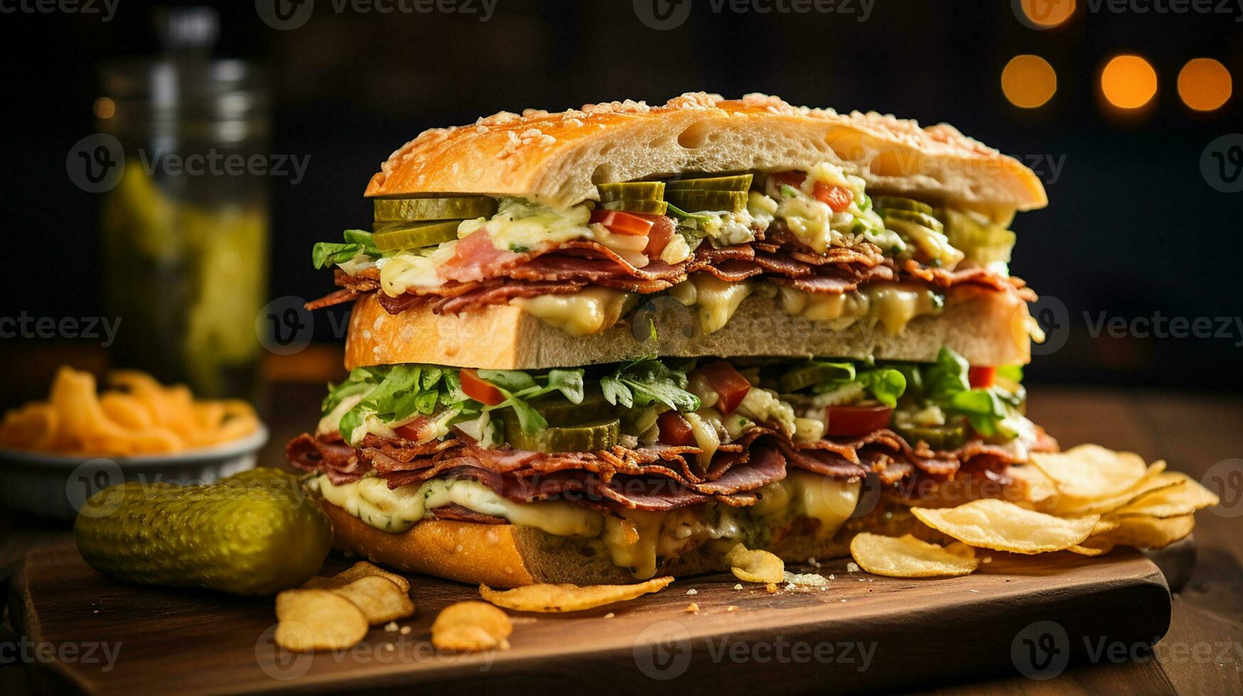 AI generated Sandwich stack with layers of gourmet accompanied by pickles and potato chips on a rustic wooden board, Close-up Shot photo