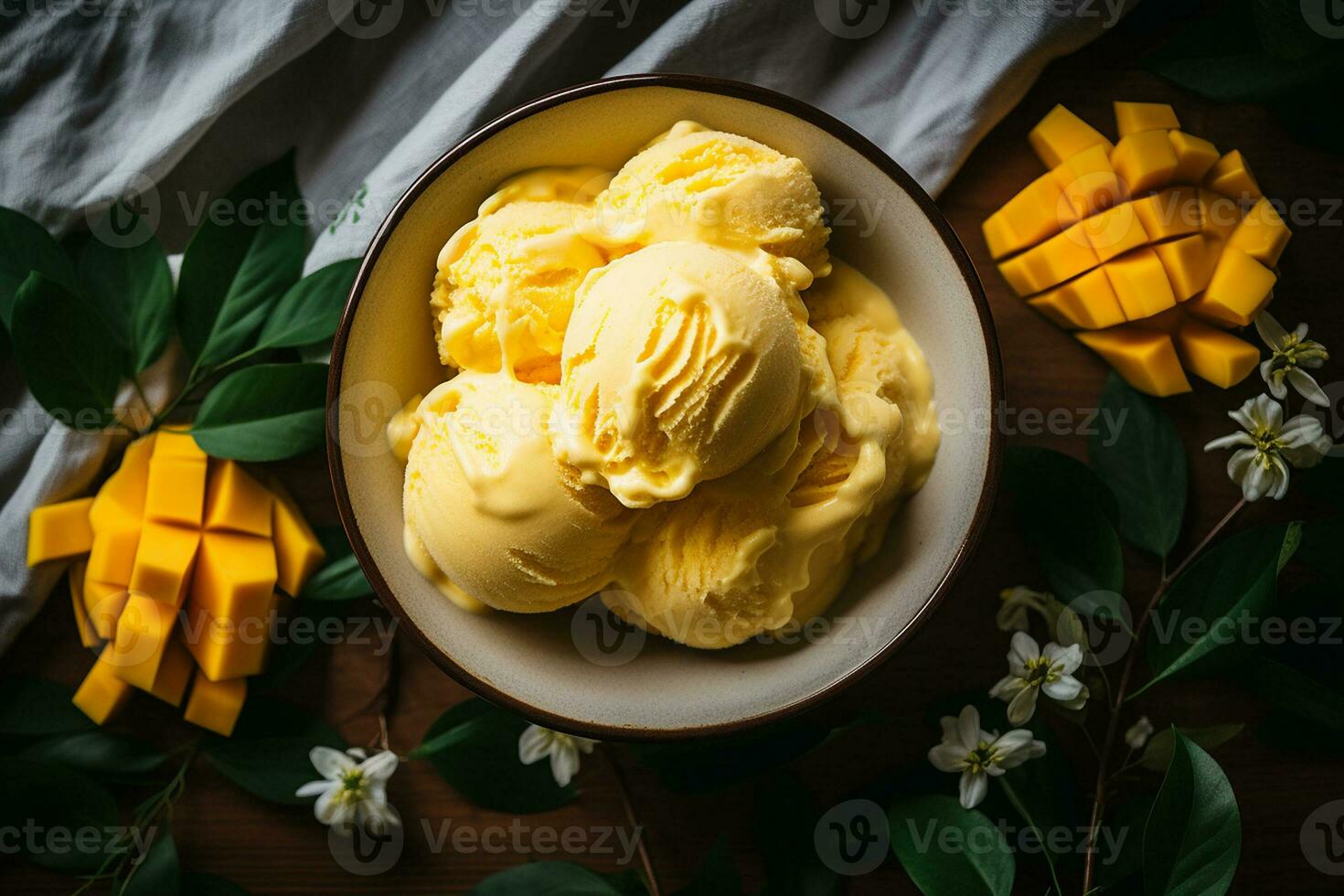 AI generated Mango ice cream accompanied by a fresh mango fruit cut on a wooden table, Overhead shot photo
