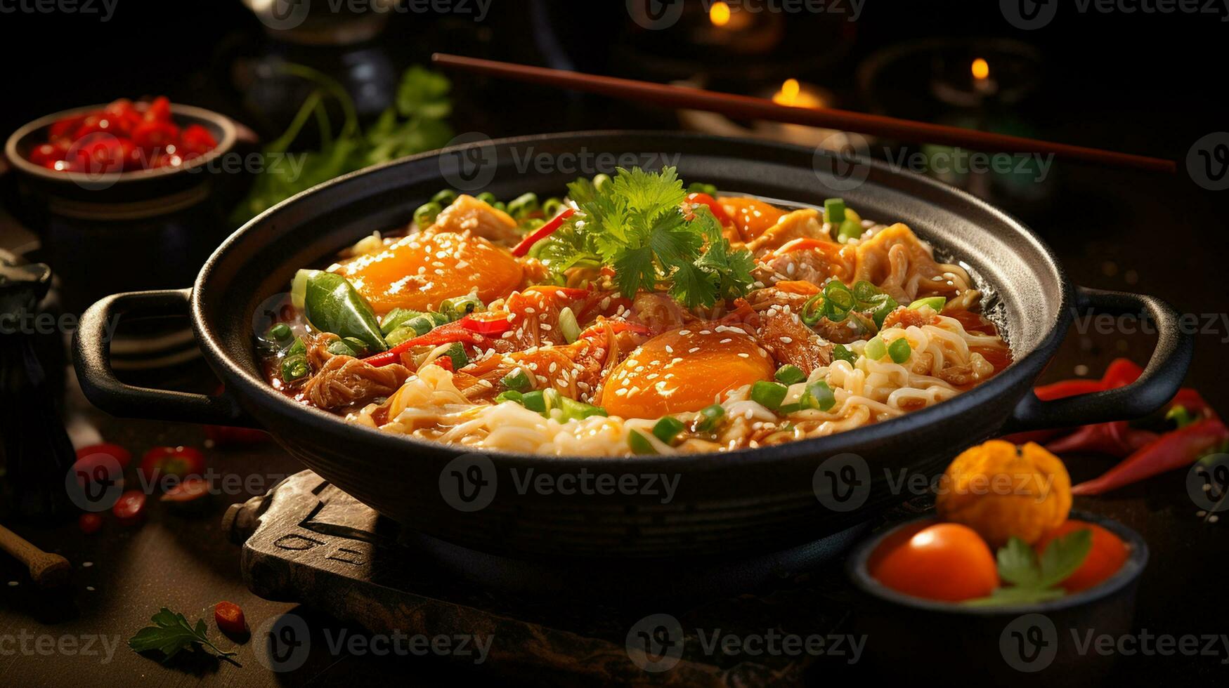 AI generated A bowl of noodles with an egg and vegetables on wooden table, Mid-angle Shot photo