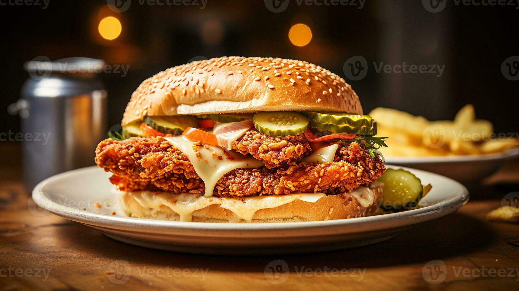 AI generated Fried chicken sandwich with pickles and cheese on neutral background, Close-up Shot photo