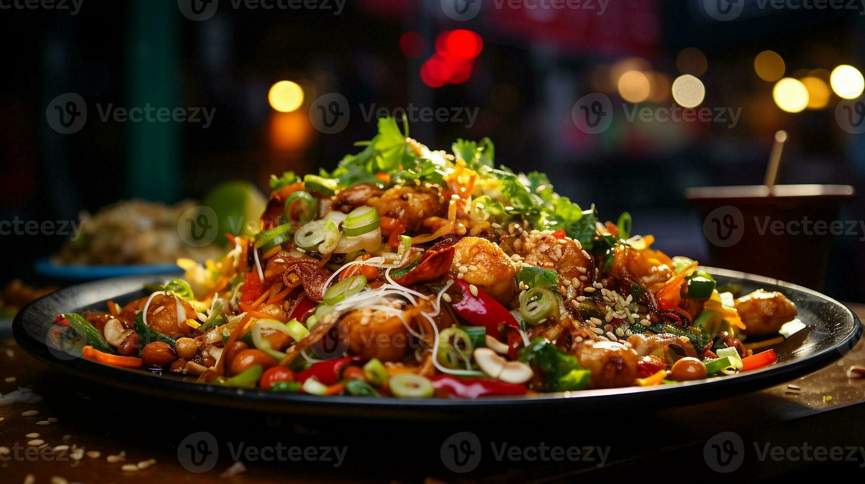 AI generated Pad Thai noodles with peanuts and lime garnish, Mid-angle Shot photo