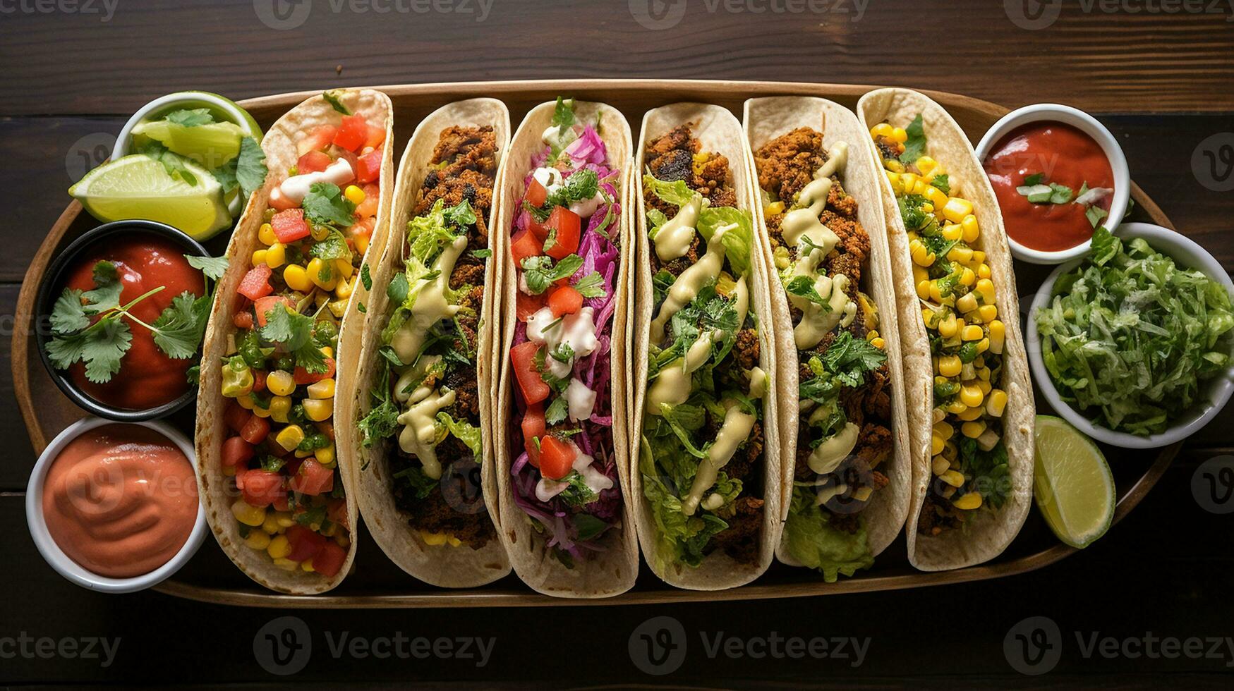 AI generated An array of vegan tacos with colorful vegetable on a wooden surface, Overhead Shot photo