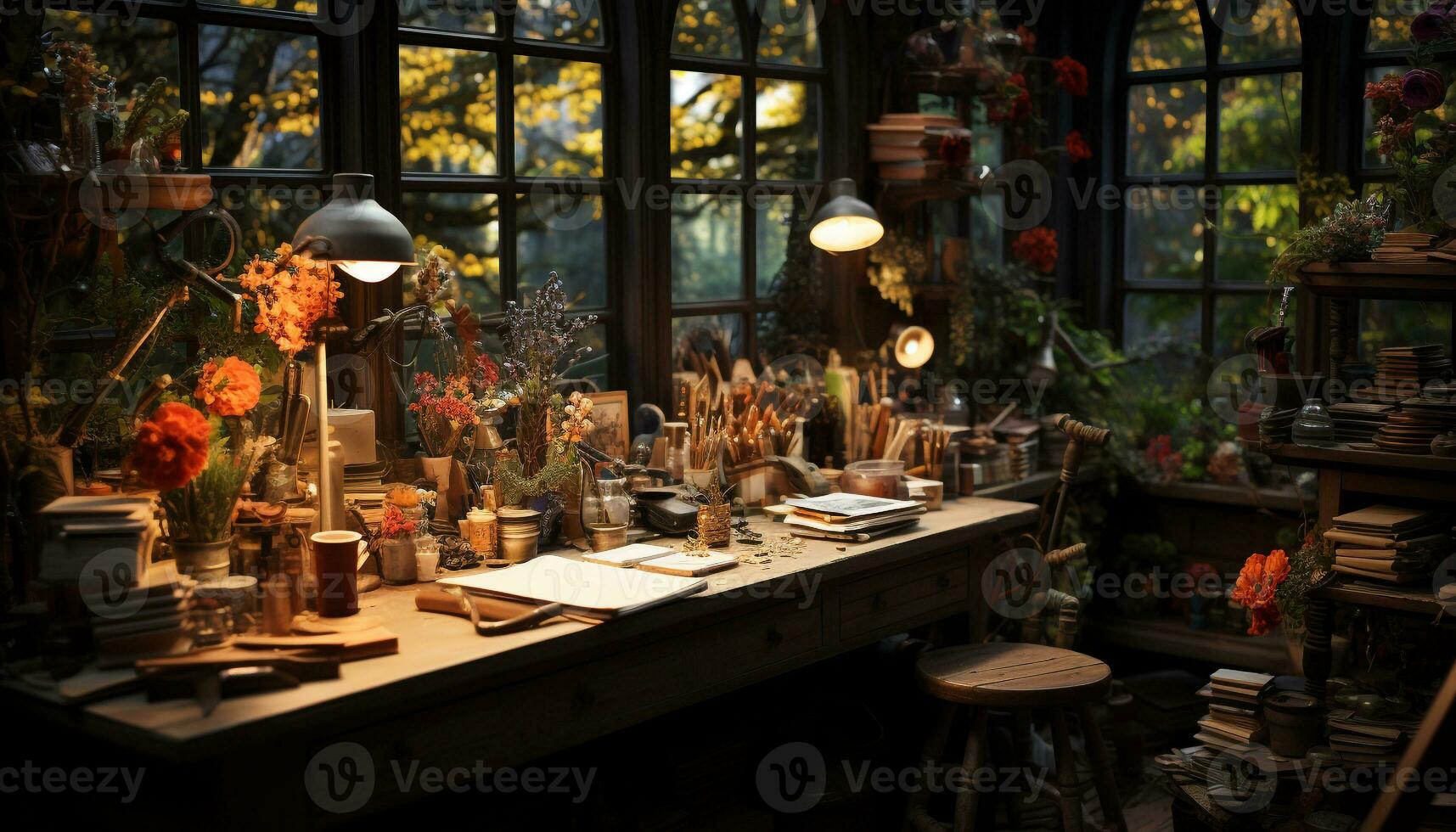 AI generated Wooden chair with vase of flowers in rustic living room generated by AI photo