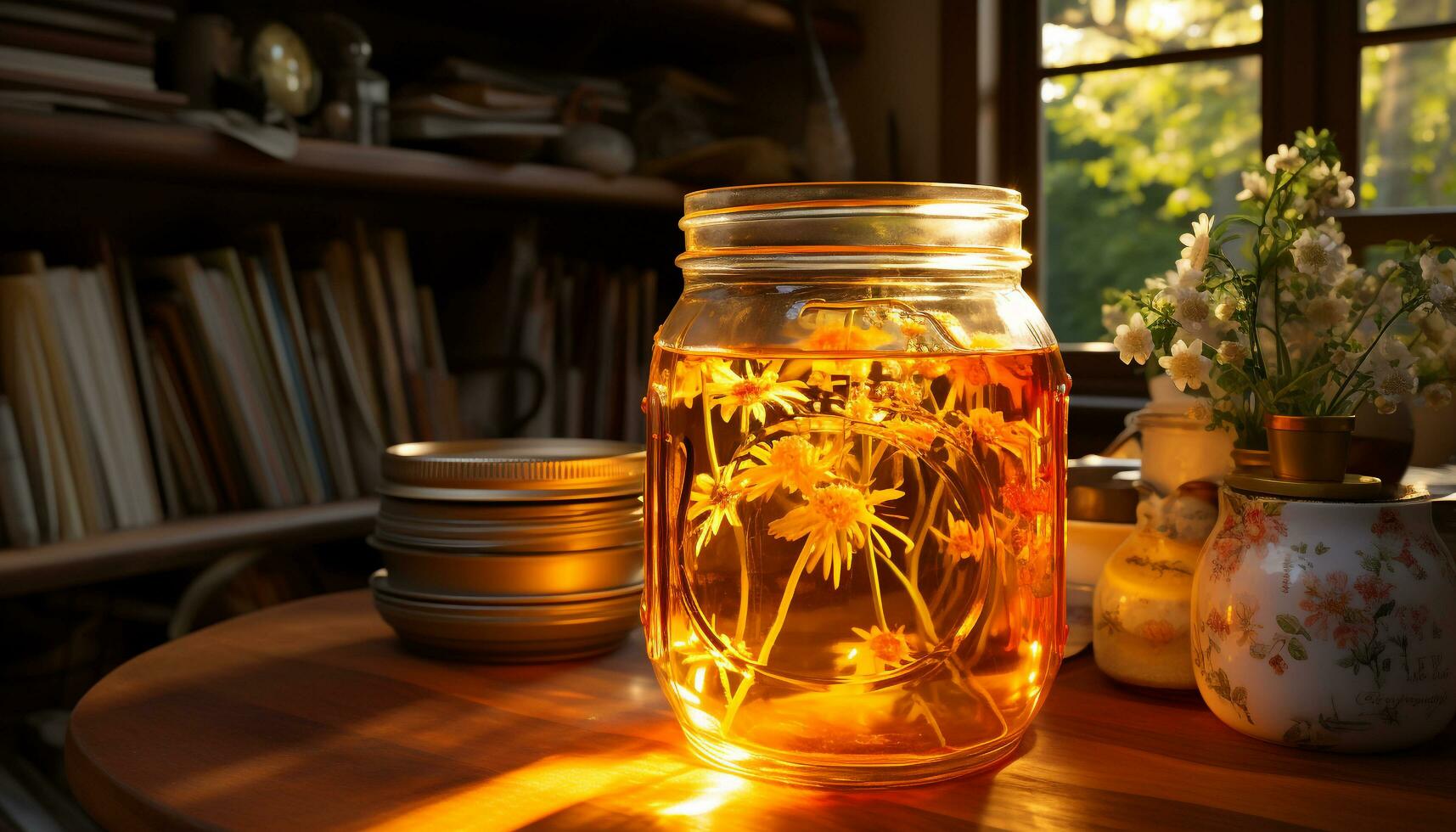 AI generated Fresh yellow flower in old glass jar on rustic table generated by AI photo