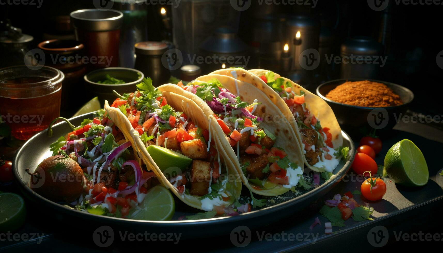 AI generated Grilled beef taco with fresh guacamole, tomato, and cilantro generated by AI photo