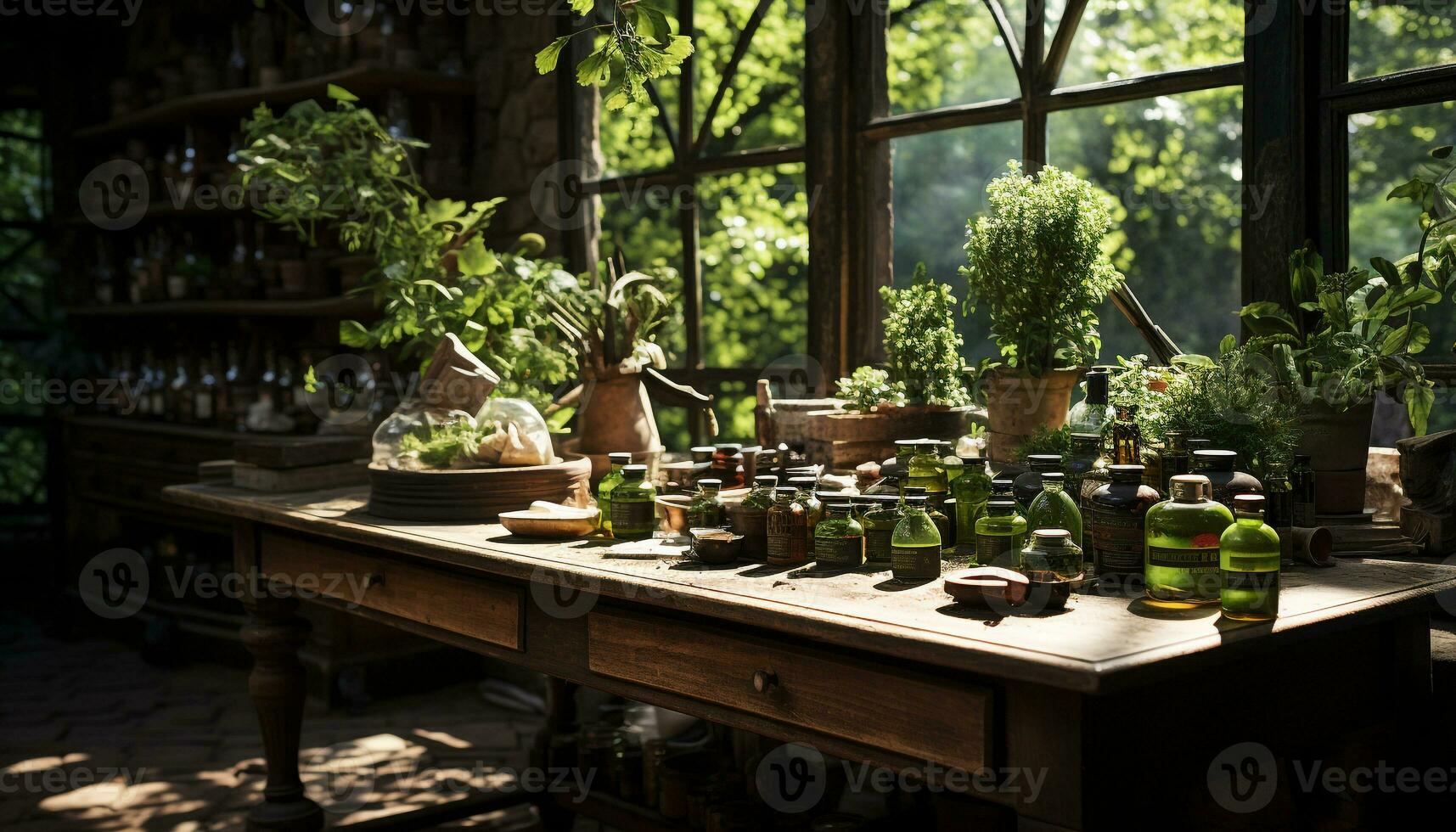 AI generated Fresh green leaves on a wooden table, nature indoors generated by AI photo