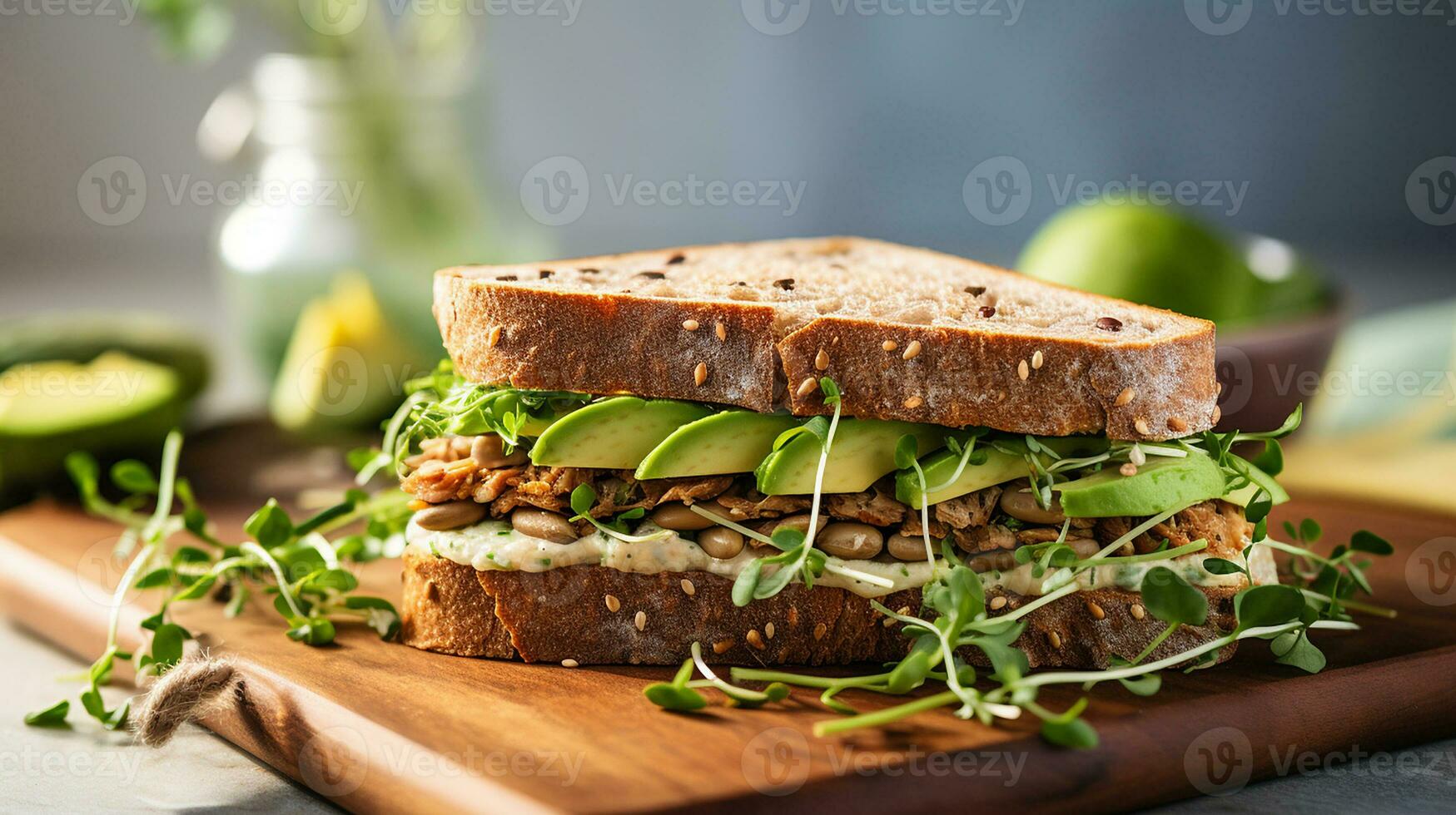 AI generated Vegan sandwich with whole grain bread, avocado, sprouts, cucumber on a rustic wooden board, Mid-angle Shot photo
