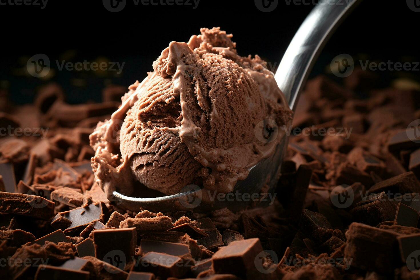 AI generated A chocolate ice cream scoop with chocolate shavings scattered around on dark background, Close-up Shot photo