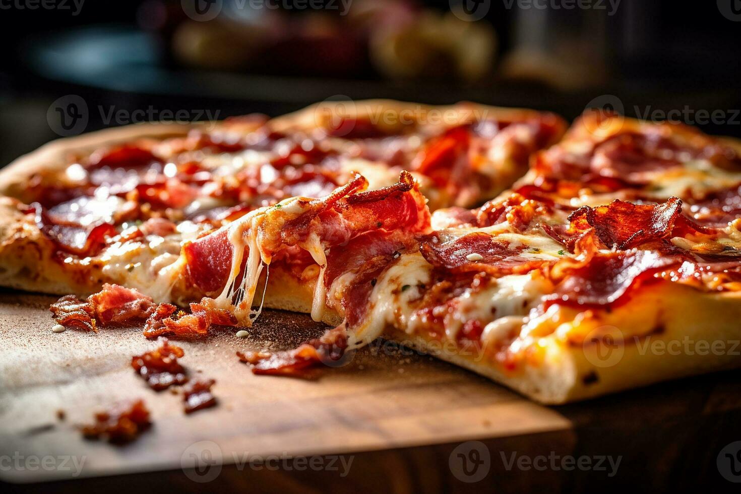 ai generado carne amantes Pizza con tocino y pepperoni en un de madera plato, macro Disparo foto