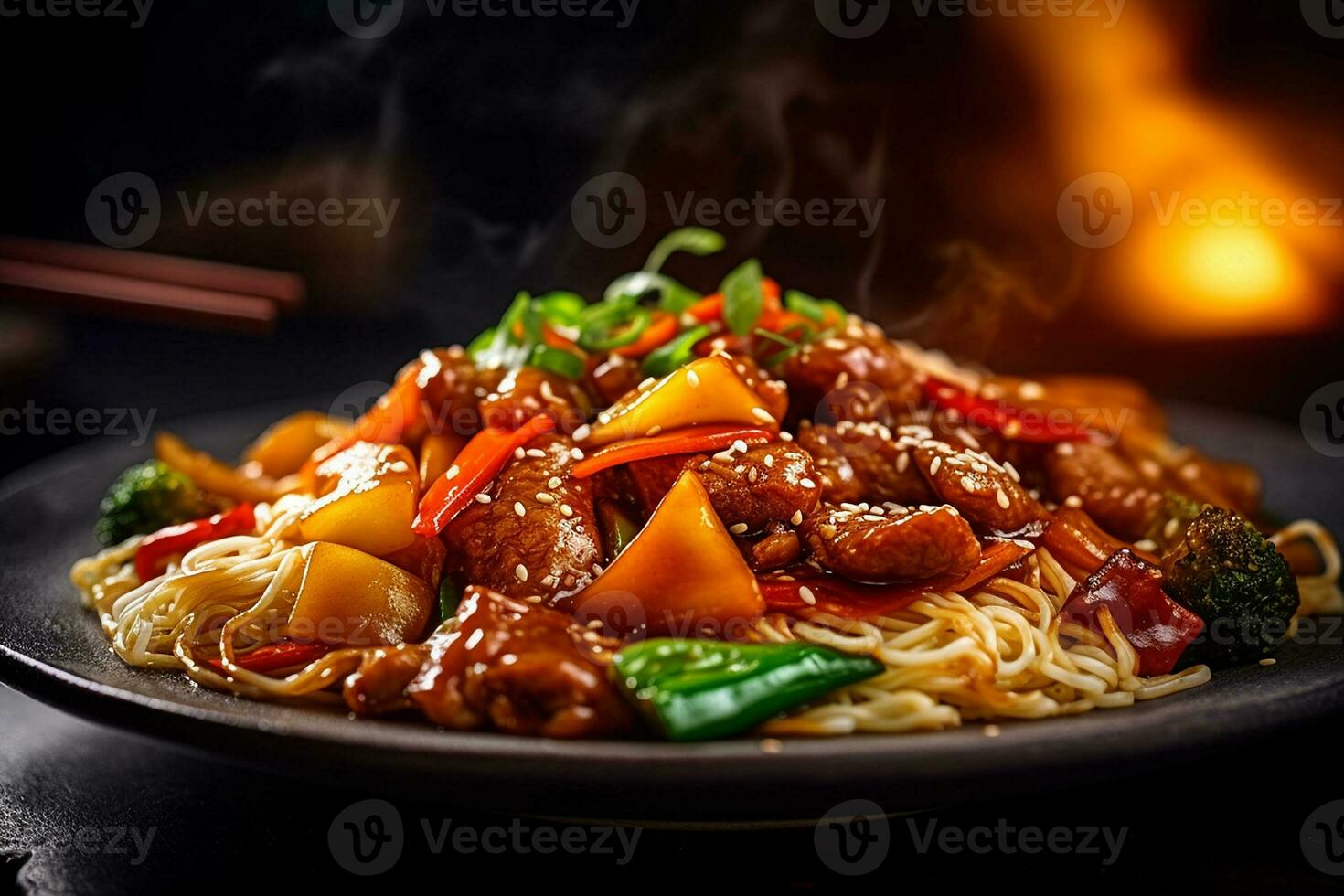 AI generated Stir-Fried Noodles with Colorful Vegetables on a Plate, Close-up Shot photo
