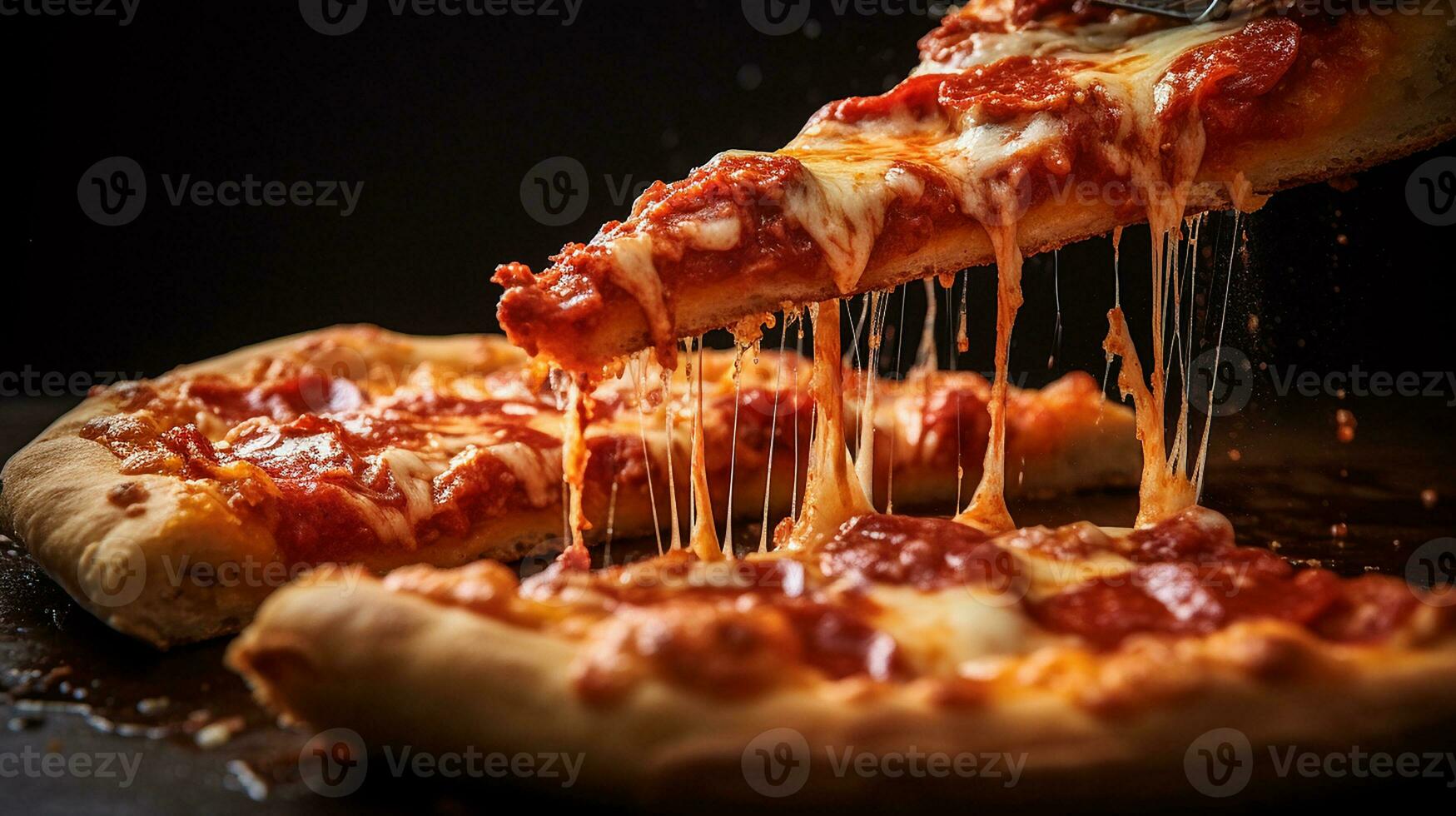 AI generated A slice of pizza with cheese and crispy crust being pulled away from a pizza pan, Close-up Shot, photo