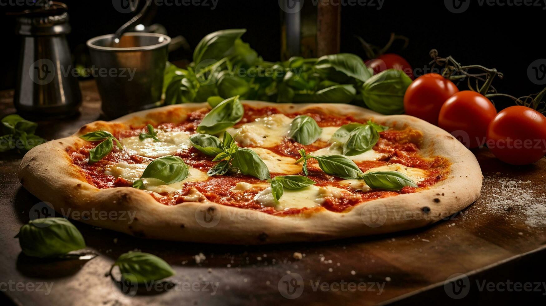 AI generated Freshly baked Margherita pizza with tomato, meat, mozzarella on wooden table, Mid-angle Shot photo