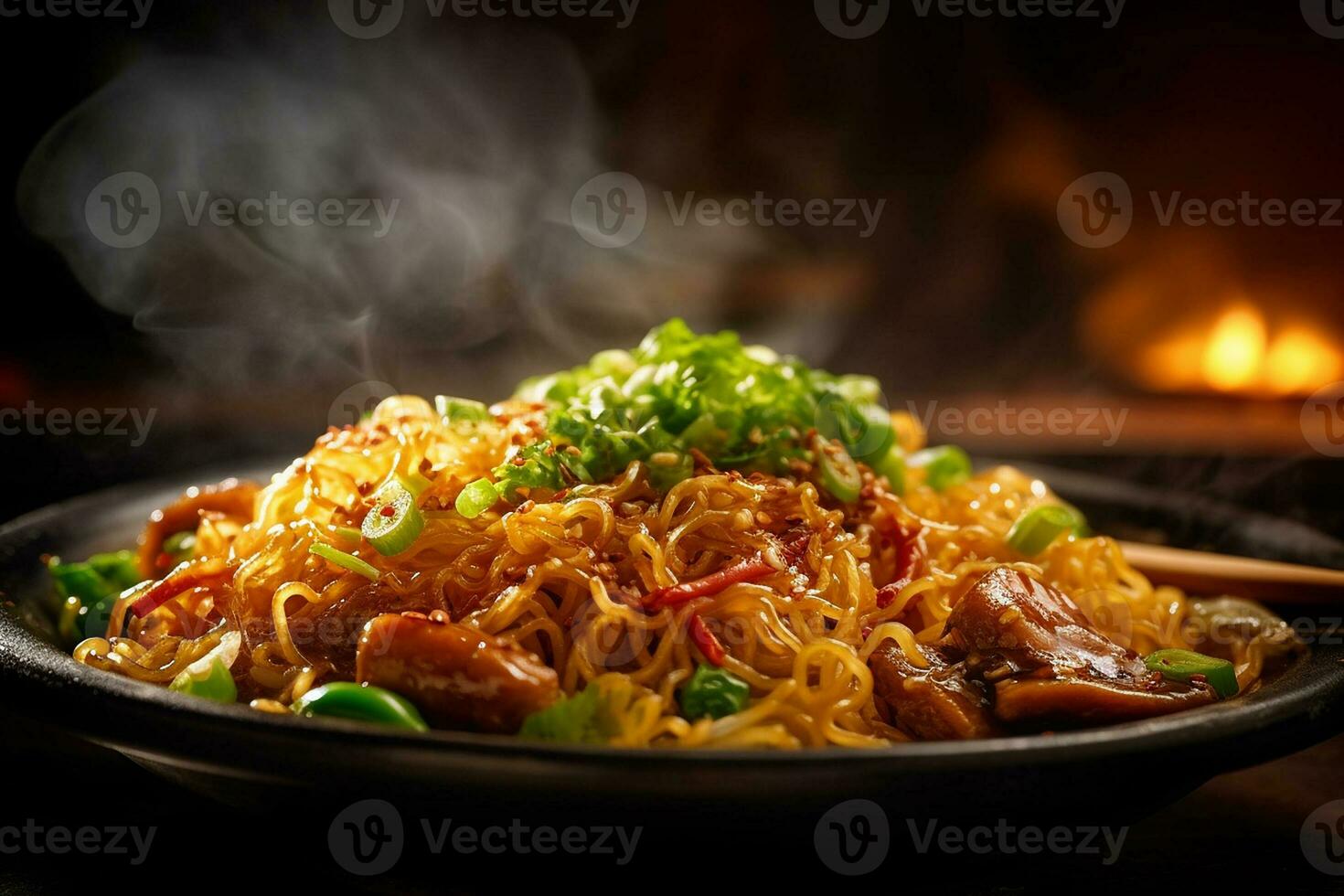 AI generated Irresistible Crispy Fried Noodles on a Plate, Macro Shot photo