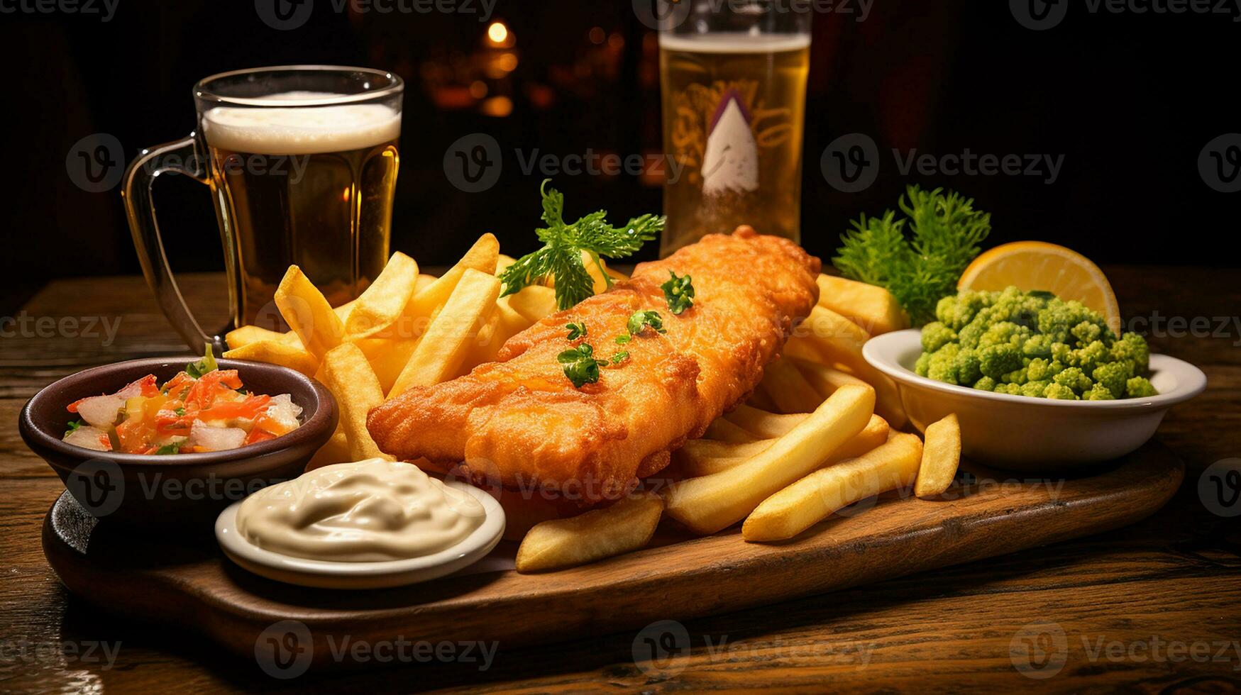 AI generated Crispy fish and golden chips with lemon wedge served on white plate with a pint of beer, Close-up Shot photo