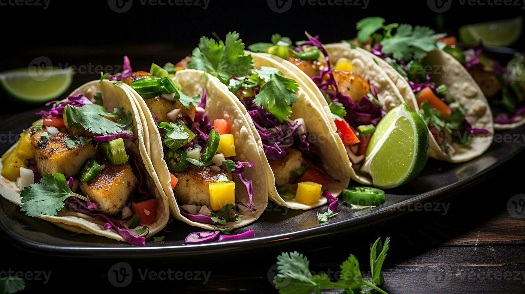 AI generated Delicious fish tacos with fresh cilantro and lime on tablecloth, Mid-angle Shot photo
