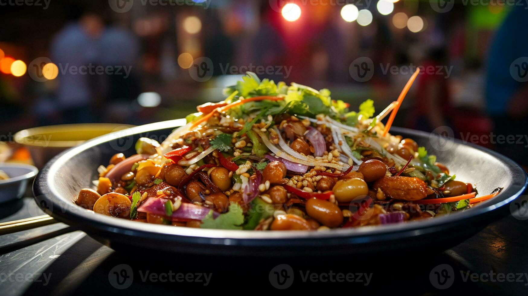 AI generated Pad Thai noodles with peanuts and lime garnish, Mid-angle Shot photo