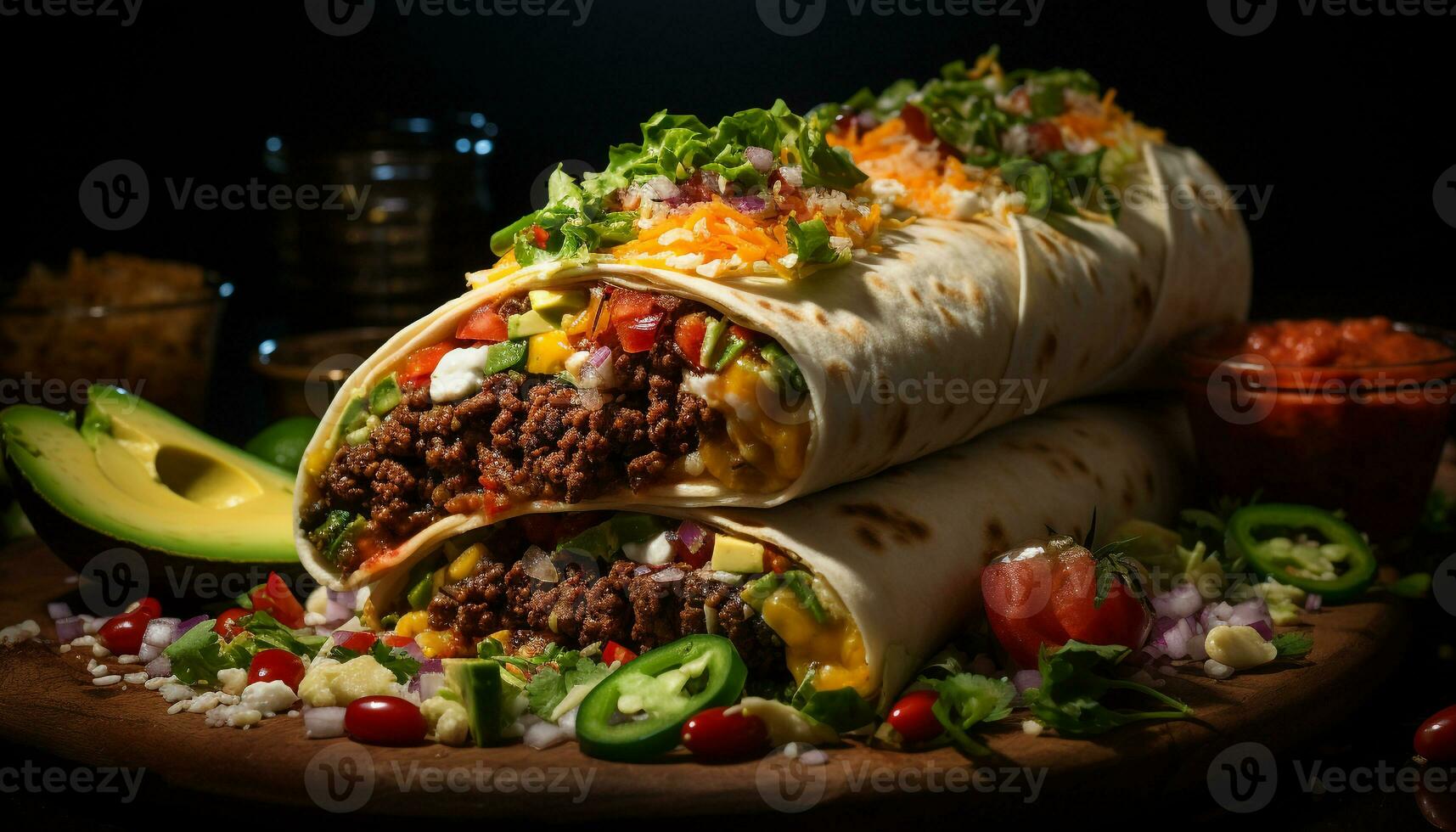 AI generated A delicious homemade beef taco with fresh guacamole and salsa generated by AI photo