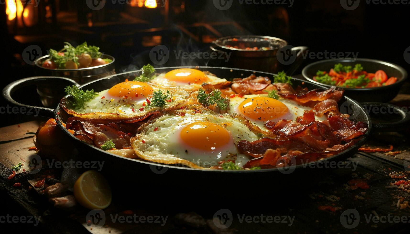 AI generated Grilled pork slice on rustic bread, cooked on cast iron generated by AI photo