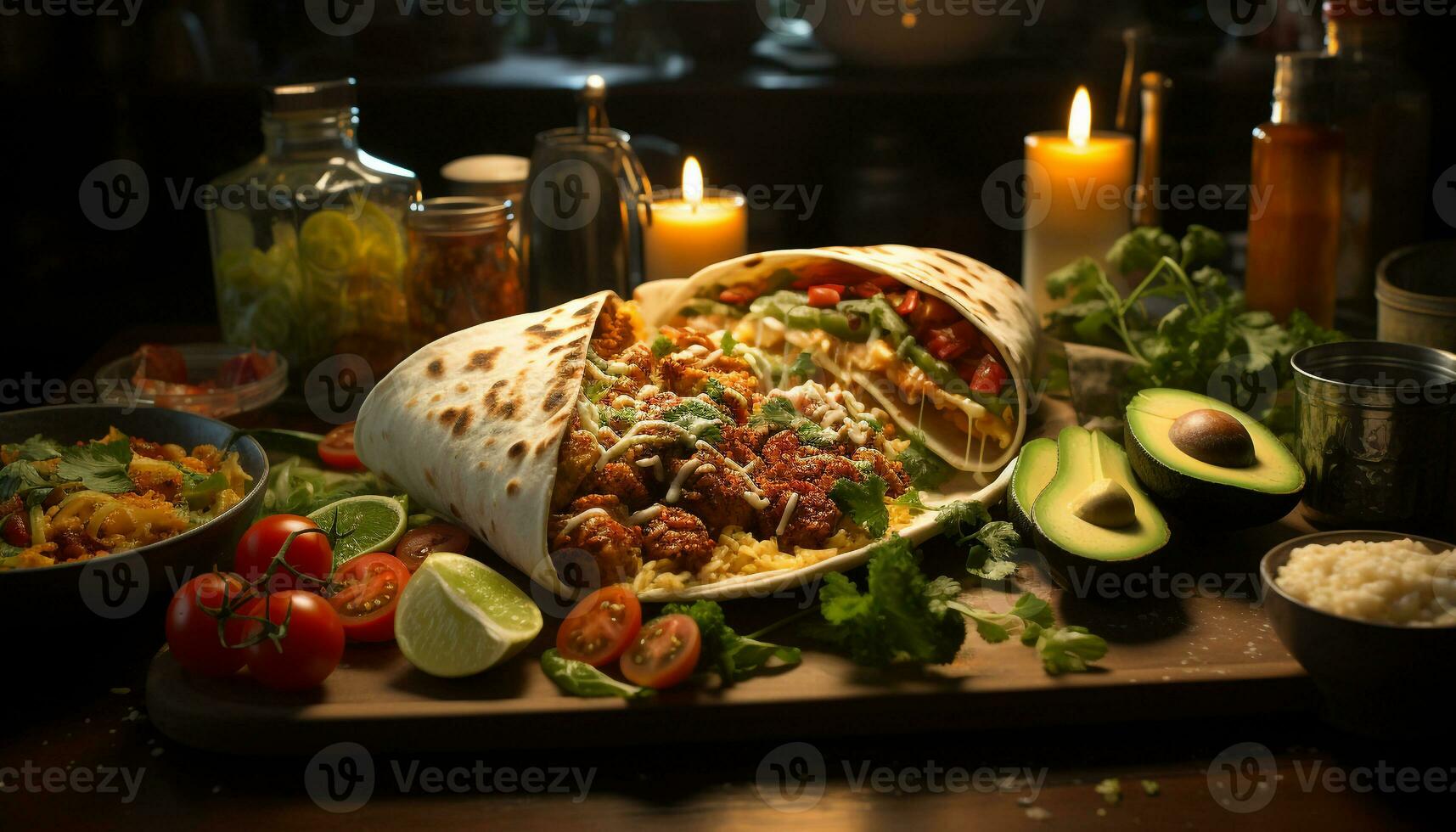 ai generado hecho en casa guacamole, Fresco tomate, y A la parrilla carne en tortilla generado por ai foto