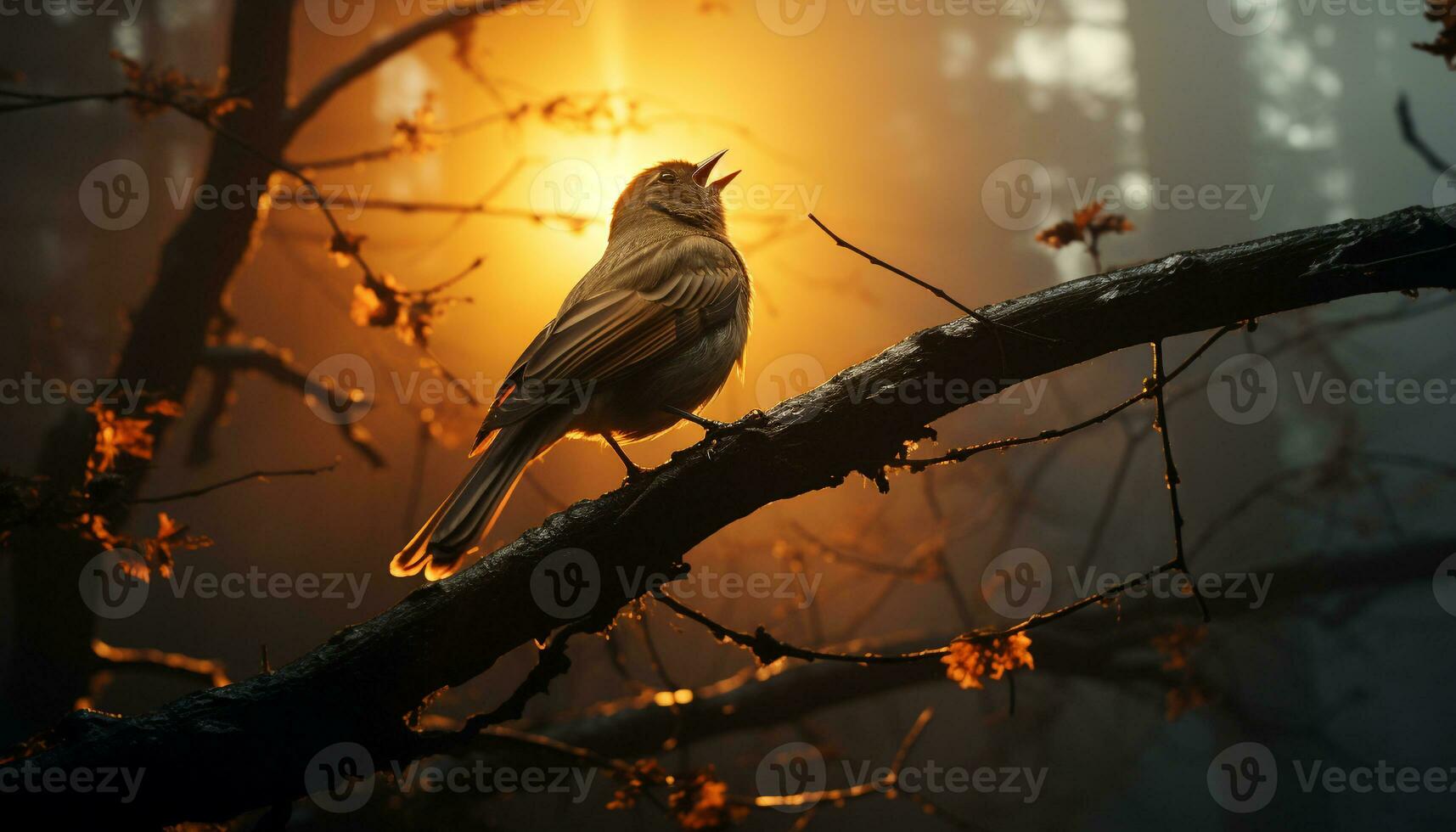 AI generated A small bird perching on a branch, illuminated by sunlight generated by AI photo