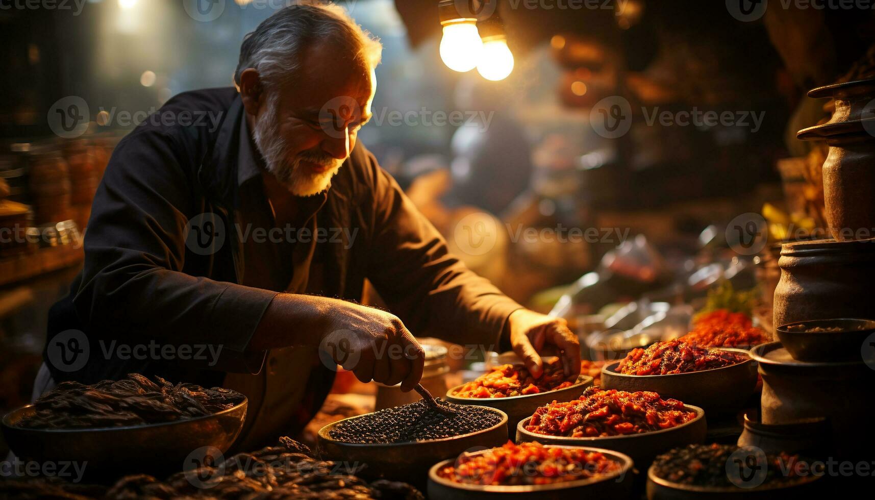 AI generated One senior man, indoors, preparing fresh organic food generated by AI photo