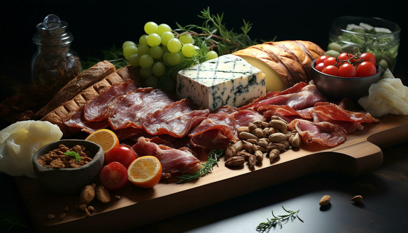 AI generated Freshness and variety on a rustic wooden table gourmet delicatessen generated by AI photo