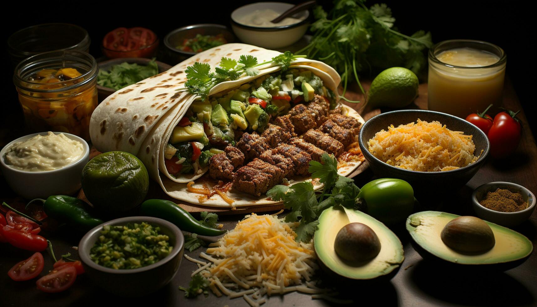 AI generated Grilled steak, avocado, and cilantro on flatbread, a savory meal generated by AI photo