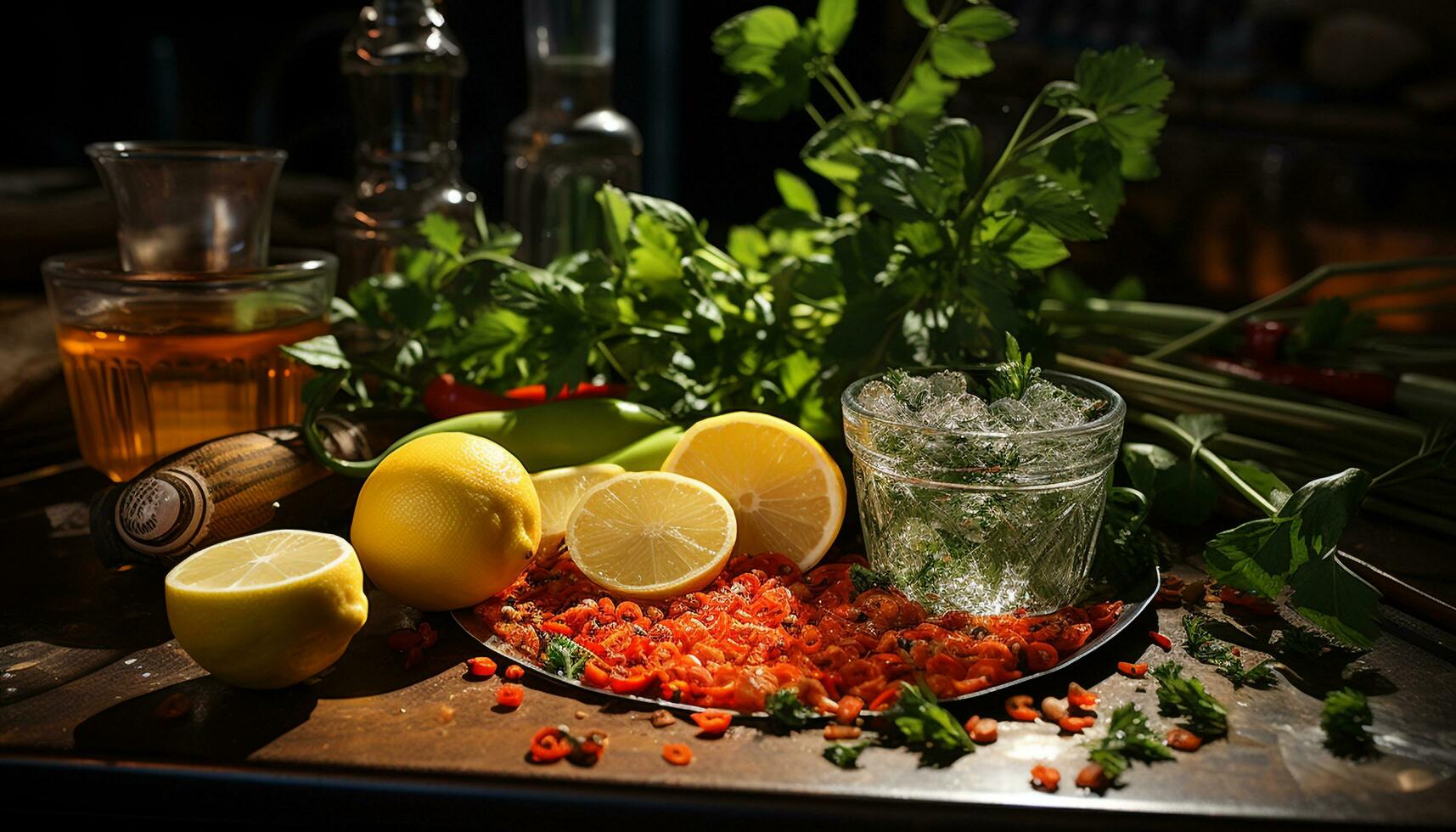 AI generated Fresh lemon slice on rustic wooden table, refreshing summer cocktail generated by AI photo