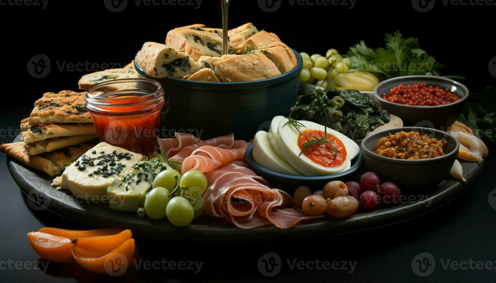 ai generado un gastrónomo comida pan, carne, fruta, y vino generado por ai foto