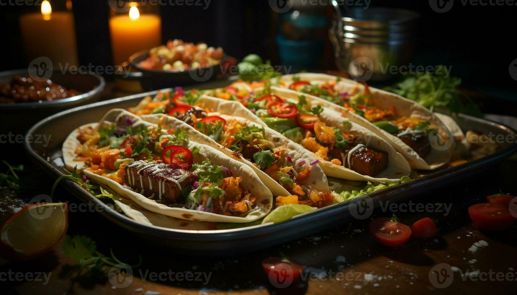 AI generated Grilled beef taco with fresh tomato and guacamole generated by AI photo