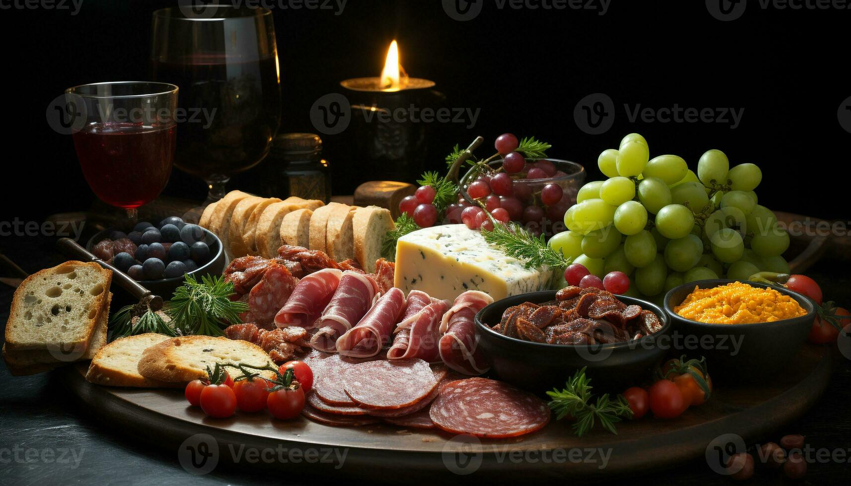 AI generated Freshness and variety on a rustic wooden table grape, meat, bread, gourmet, fruit, wine, meal, delicatessen generated by AI photo