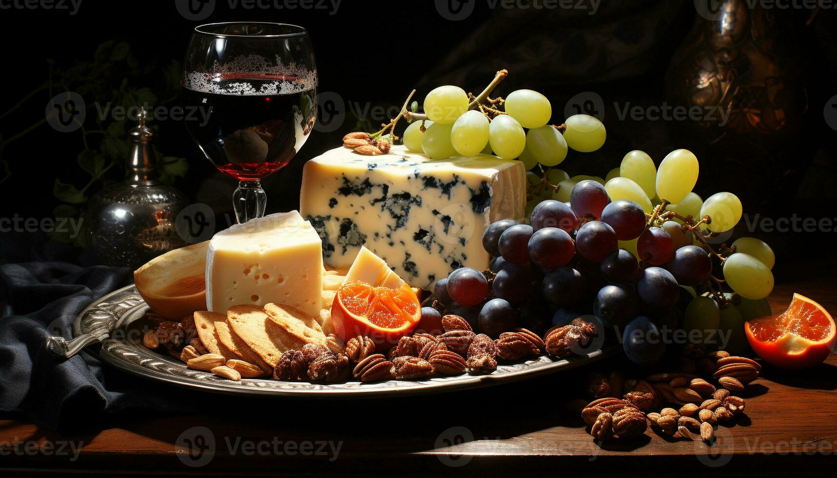 AI generated Freshness and variety on a gourmet table grape, wine, fruit, snack generated by AI photo