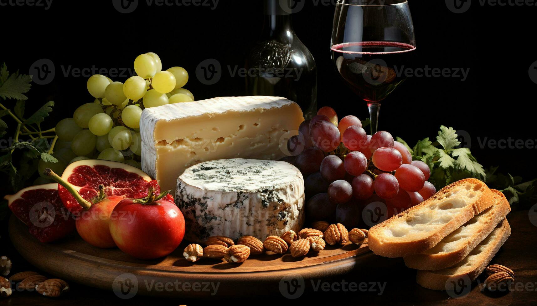 AI generated Gourmet meal wine, cheese, bread, fruit a delight generated by AI photo