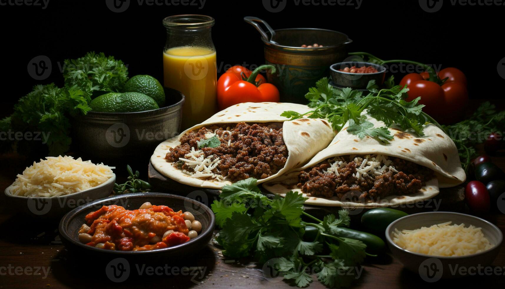 AI generated A homemade taco with grilled beef, fresh vegetables, and guacamole generated by AI photo