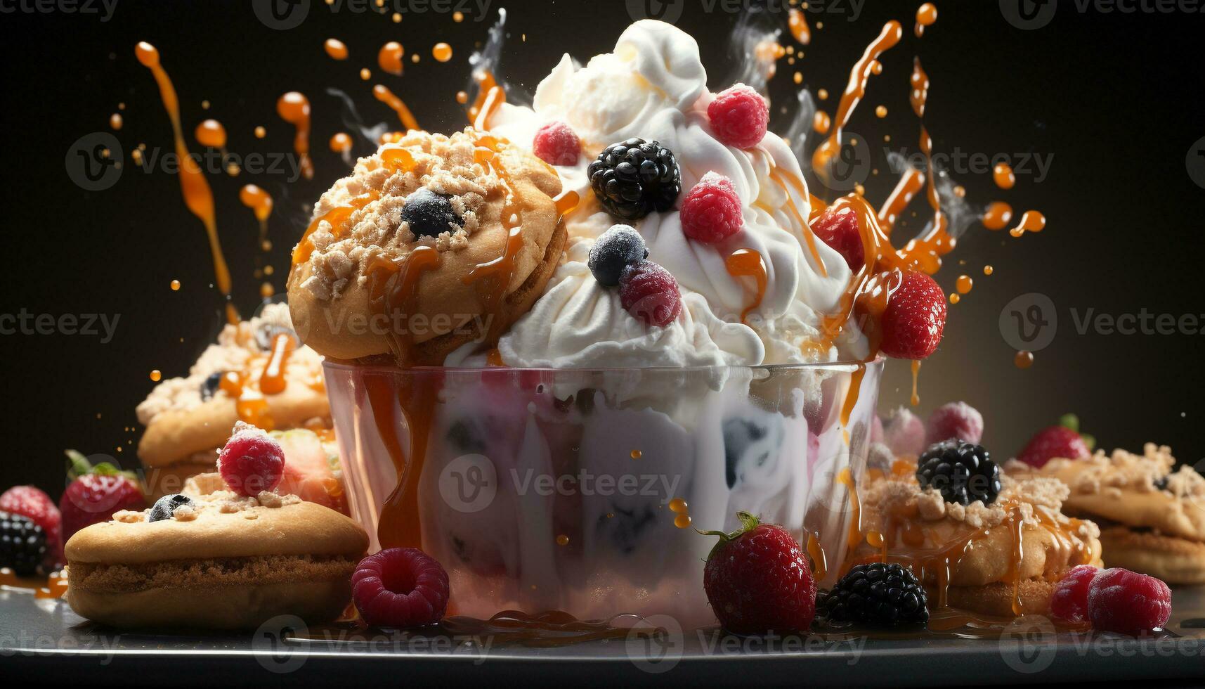 AI generated Homemade gourmet dessert berry cheesecake with whipped cream generated by AI photo