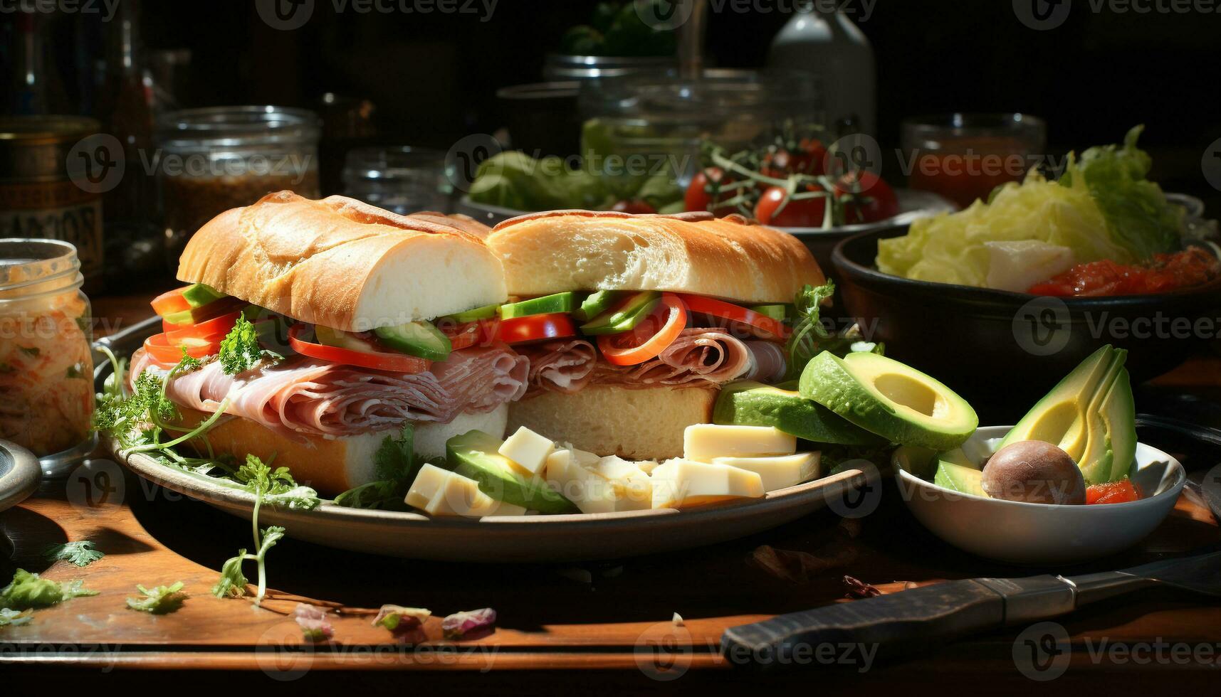 ai generado A la parrilla Cerdo emparedado en ciabatta, Fresco ensalada, sano picnic comida generado por ai foto