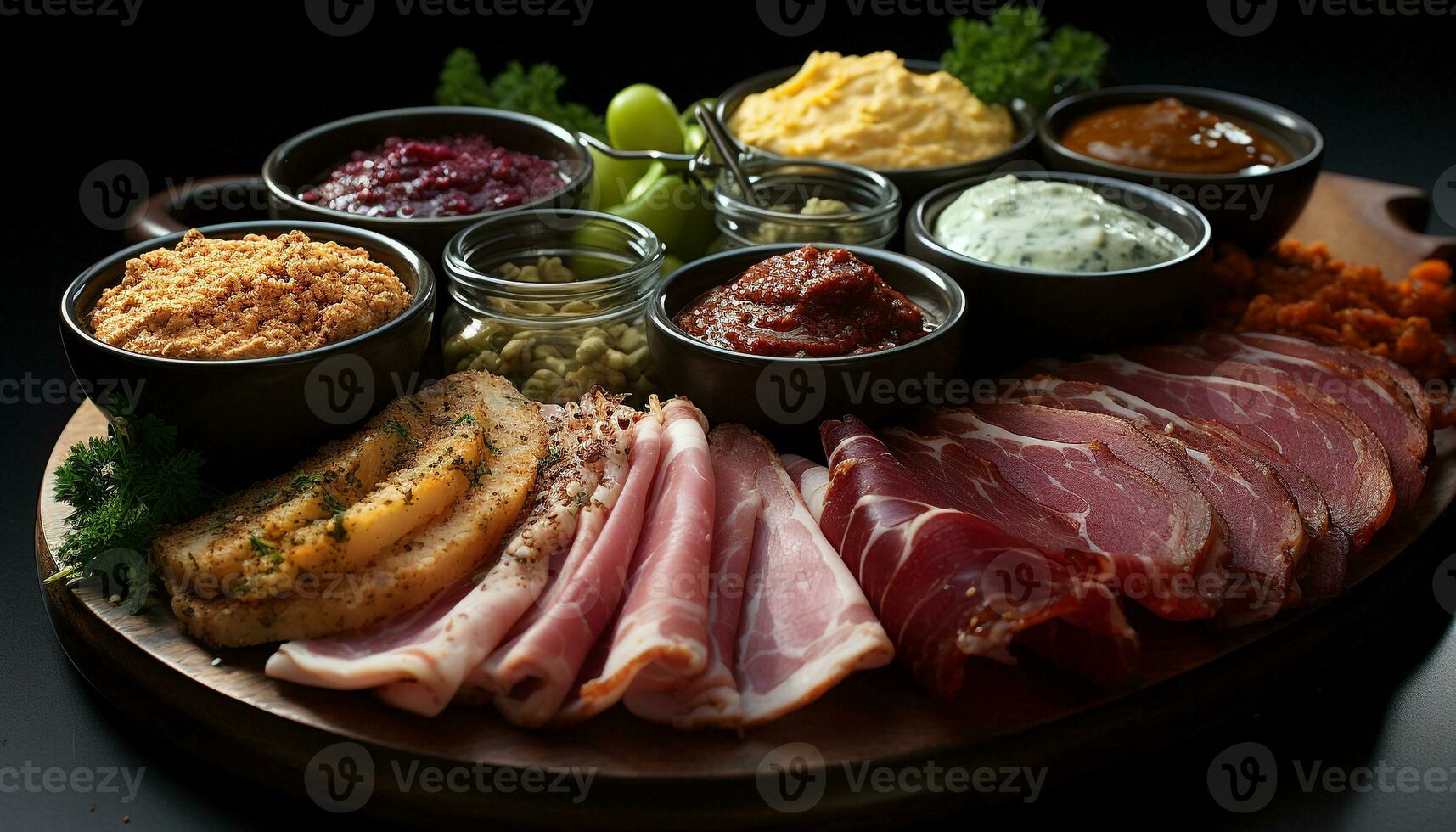 AI generated Grilled pork steak on wooden plate, ready to eat with salad generated by AI photo