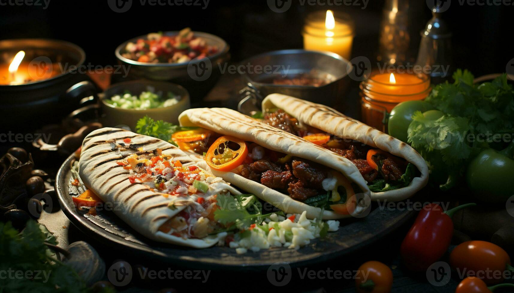 AI generated Grilled beef, pork, and vegetables on a rustic picnic plate generated by AI photo