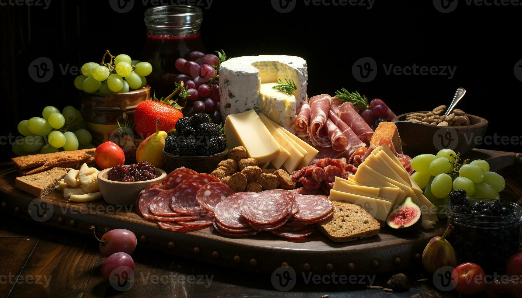 AI generated A gourmet buffet meat, cheese, bread, wine, fruit, freshness generated by AI photo