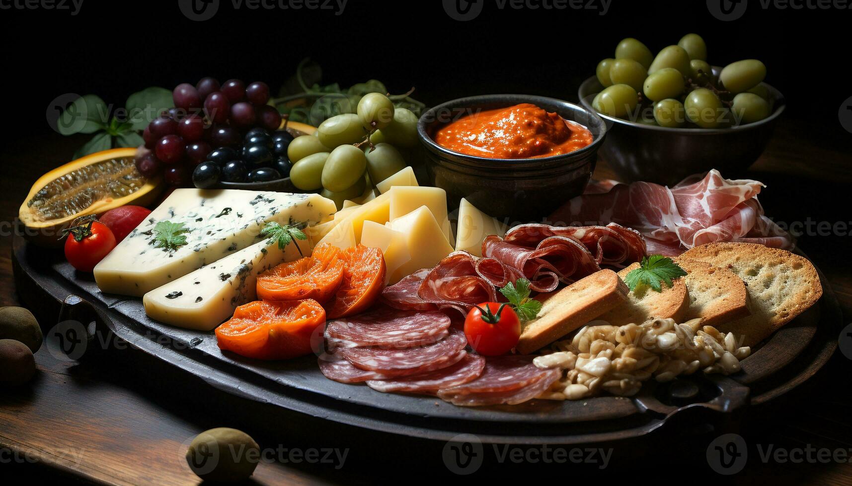 AI generated A gourmet meal meat, bread, fruit, and cheese on a wood tray generated by AI photo