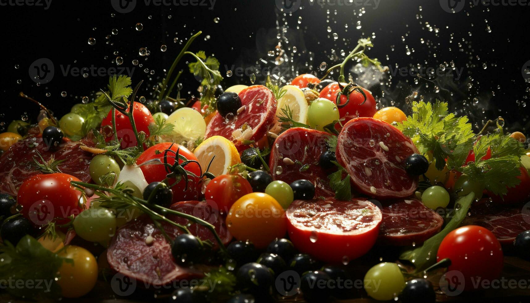 AI generated Fresh, healthy salad with ripe tomatoes, vegetables, and gourmet olives generated by AI photo