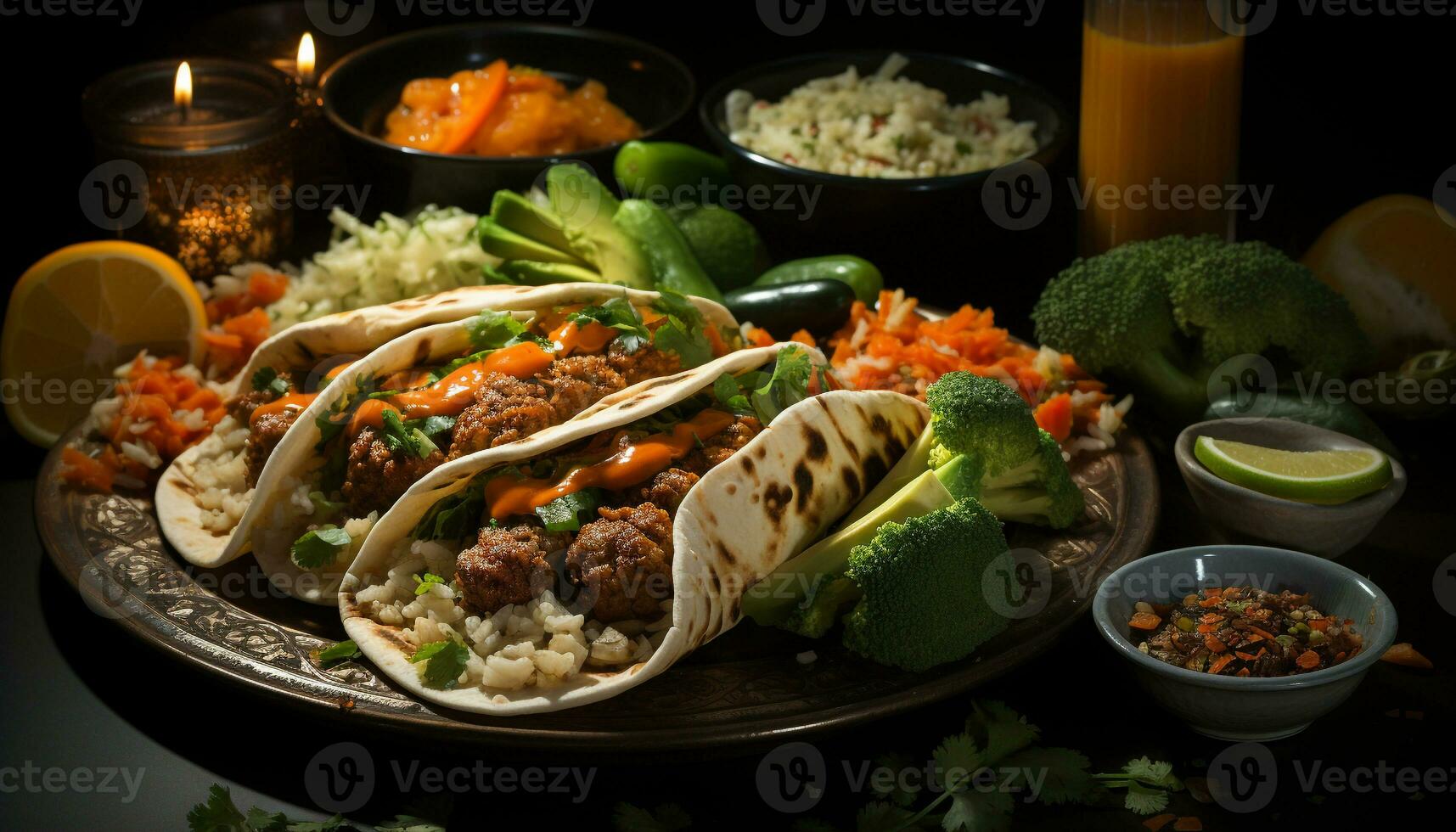 AI generated Grilled beef taco with fresh guacamole and cilantro generated by AI photo