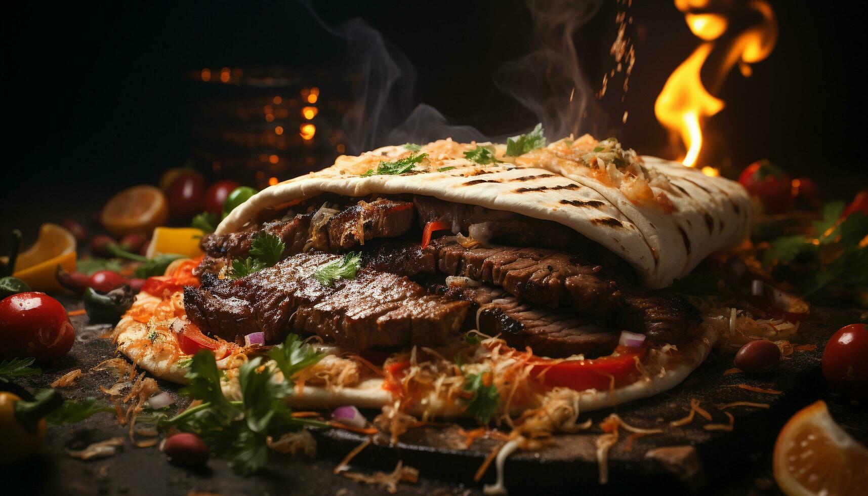 AI generated Grilled beef steak, fresh vegetables, homemade sandwich, indulgent meal generated by AI photo